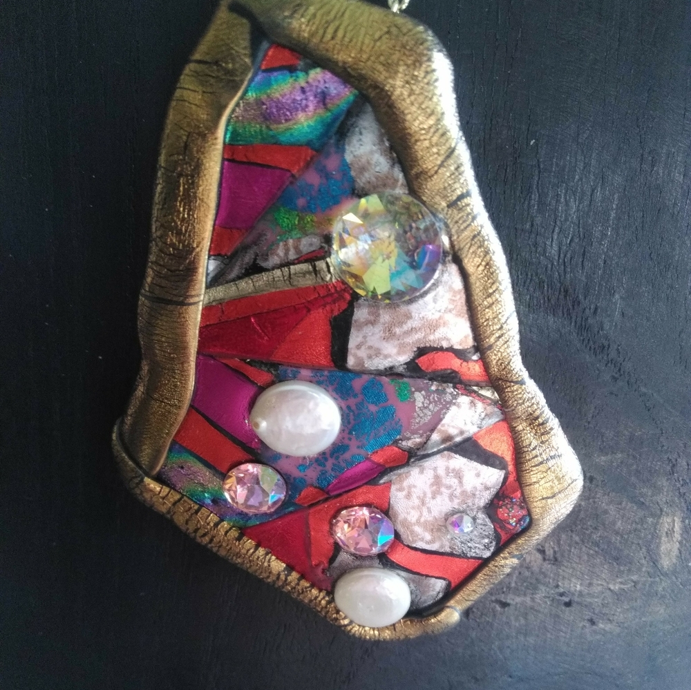 Organic Handmade Metallic Acrylic Pendant on Gold Chain